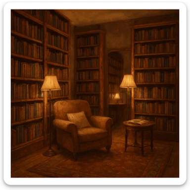 a cozy library interior, bookshelves, reading nook, warm lighting sticker
