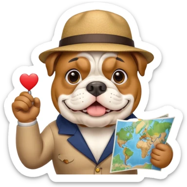 english bulldog as a cheerful tour guide, wearing a hat and holding a map sticker