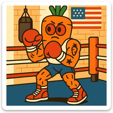 muscular carrot character as a boxer, wearing high-top sneakers, white tank top, big slightly flat red cartoon eyes, bandaged hands, tattoos, in a vintage 1980s American boxing gym, American 80s style, cartoon style sticker