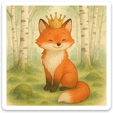 whimsical red fox wearing a crown, surrounded by birch trees and moss, Scandinavian forest, gentle colors, Ghibli-inspired sticker