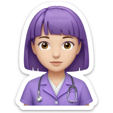 A young female slim nurse with short brown hair with fringe over her forehead, wearing larvendar purple working cloth sticker