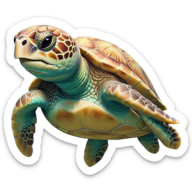 Cinematic Realistic Cute Sea Turtle Portrait Emoji, Head tilted playfully and inquisitively, featuring a compact, gentle form with a beautifully detailed shell adorned with natural patterns and a soft, expressive face with sparkling eyes, rendered with realistic textures and warm ambient light; high shine, affectionate and spirited, styled with a touch of marine whimsy, soft glowing outline, capturing the essence of a mischievous yet lovable sea turtle that seems ready to swim playfully into your arms! sticker