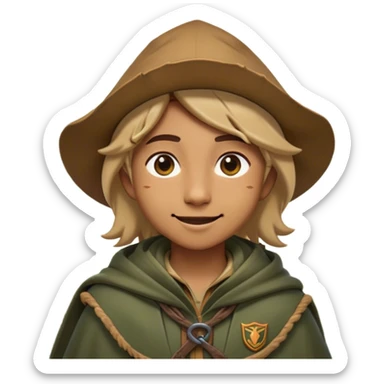 Clash of Clans aesthetic Playful Ranger Portrait Emoji, Head tilted with a friendly, mischievous smile and bright, curious eyes, featuring a compact, nimble build outfitted in rugged, earthy gear and a stylish cloak, his natural skin tone adding authenticity, Simplified yet irresistibly charming features, highly detailed, glowing with a warm, inviting forest glow, high shine, spirited and lively, stylized with an air of whimsical woodland adventure, soft glowing outline, capturing the essence of a playful ranger exuding friendly natural charm! sticker