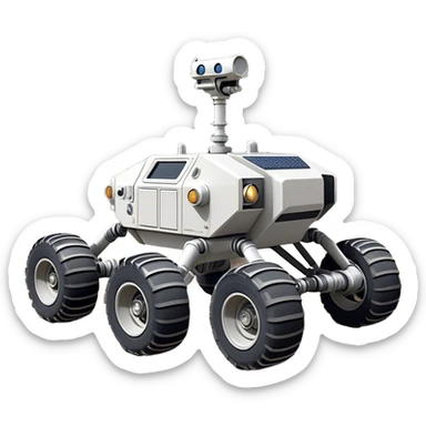 Cinematic Realistic Moon Rover – A rugged, high-tech vehicle traversing the Moon’s dusty surface. Its thick wheels leave tracks in the fine lunar regolith, with Earth hanging in the distant sky. Every mechanical detail of the rover is meticulously rendered, emphasizing its role in human exploration. sticker