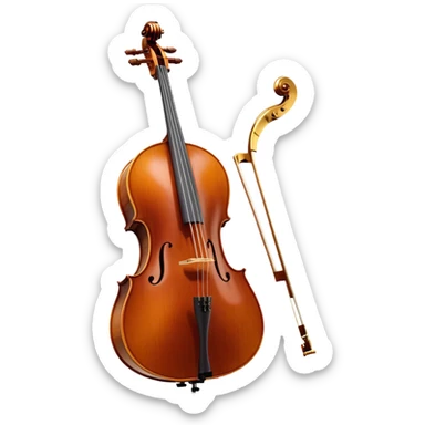 Create an elegant and refined emoji representing the Cremona cello with a Hans Klein HKCB bow. The design should feature the curved wooden body of the cello with a rich, glossy finish, capturing its classical shape and intricate details. The bow should be displayed with fine craftsmanship, highlighting the hair and the smooth, polished wooden stick. Include subtle musical notes floating around the instrument to emphasize its rich, melodic sound. Use deep wood tones like chestnut brown, gold accents for the fittings, and soft lighting effects to give the instrument a timeless, professional feel. The background should be transparent. sticker