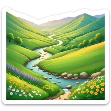 Cinematic Realistic Valley Emoji, Lush and serene, with gently sloping hills surrounding a vibrant green valley filled with wildflowers and a small stream. The soft, golden sunlight filters through the valley, casting peaceful, warm shadows across the landscape. Soft glowing outline, capturing the essence of natural peace and gentle beauty in a sprawling valley. sticker