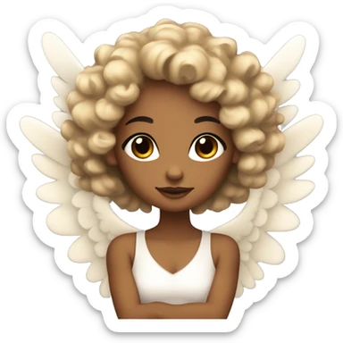 tan angel girl with black curls, pretty, wings sticker