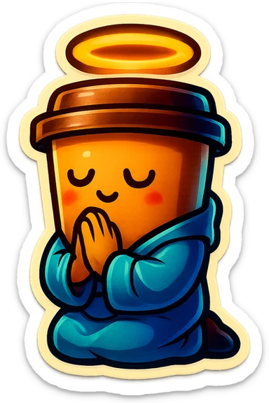 Tall coffee cup, bowing on knees, praying, worship, wearing soft blue monk robes, halo sticker