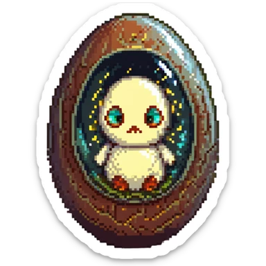 a tiny fetal shape inside of a large glass egg, alien embryo, eerie, tiny glowing eyes sticker
