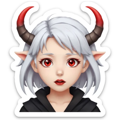 Dark style anime girl with white hair and red eyes, with horns on her head . There is an emotion of inhalation on the face sticker