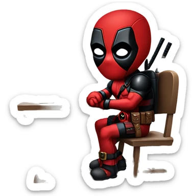 Cute Deadpool sitting at a desk, front view sticker