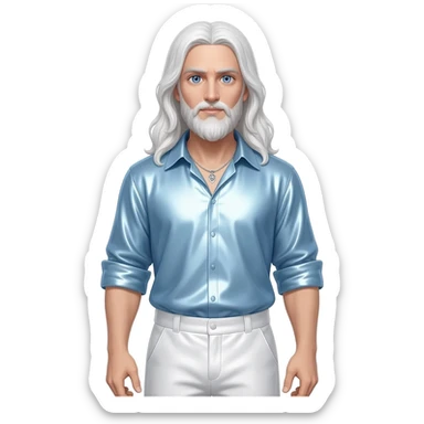 God the Father from Christian Mythology with blue eyes, long white hair, light blue metallic shirt, white metallic baggy pants, silver necklace sticker