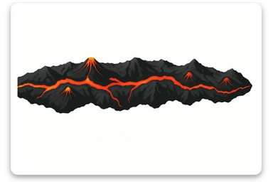 Top-down orthographic view (strictly from above) of a volcanic mountain belt strip designed as a map overlay. A long curved ridge line made of dark rocky mountains, with several small volcano cones along the strip. Bright red-orange lava cracks and glowing magma seams running through the ridge, symbolizing a tectonic plate boundary and magma being pushed upward. Clean infographic style, sharp silhouette, high contrast, minimal details, no perspective, no depth tilt, no horizon. Isolated single object centered on a pure white background (#FFFFFF). No text, no labels, no watermark. 4K, wide horizontal banner composition. sticker