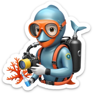 A brave dolphin in diver mask and oxygen tank, exploring coral with a waterproof camera.

 sticker
