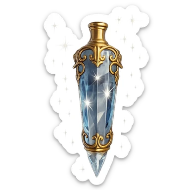 crystal luxurious elixir bottle in baton shape, lots of shining, edges, ornaments, golden details, magical effects, very small golden neck, transparent background, beautiful seamless bottom, bottle clearly floating in air, no base or shadow, very luxurious, playful, matching the collection sticker