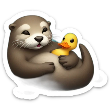 otter holding hands with a duck while sleeping on the water with a pebble on the belly sticker