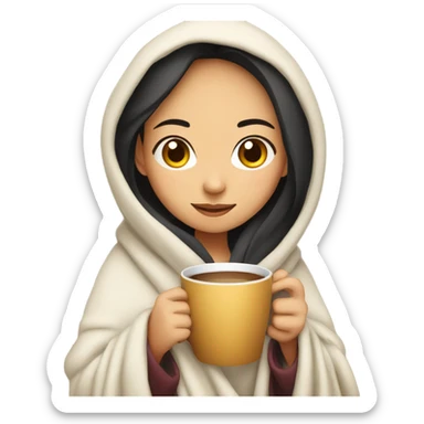 Asian girl wrapped in cozy blanket drinking coffee sticker