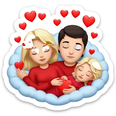 Sleeping romance couple. man has dark hair. woman is blonde. hearts surrounding them. no third person. sticker