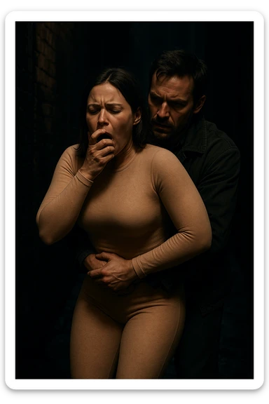 caught by a man performing a Heimlich maneuver on her in the dark alleyway, skintone thick skintight bodysuit, light skin sticker