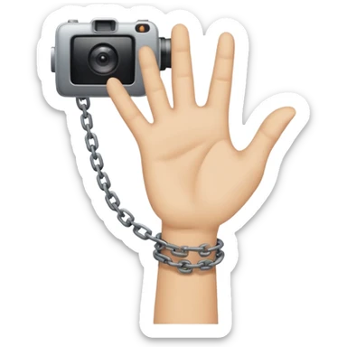 Minimalist emoji-style sticker of a human hand bound by a chain leading to a video camera. Icon-like, clean silhouette, muted tones. sticker