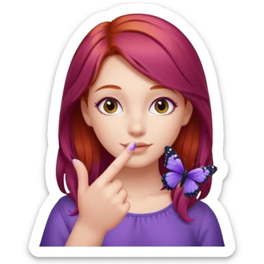 red haired girl finger holding purple butterfly sticker