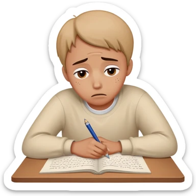 Person with worried expression writing "Dear God" on essay sticker