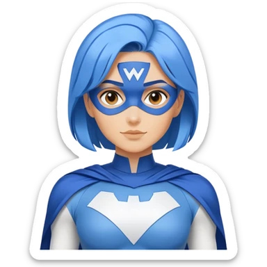 A close-up emoji of a friendly woman with blue hair wearing a minimalist blue and white superhero costume. The costume has a large empty area on the chest for the logo, uses only blue and white colors, and has minimal details. sticker