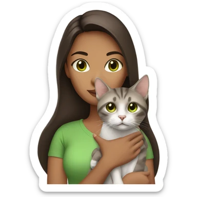 Brunette women with brown eyes holding tabby cat with green eyes sticker