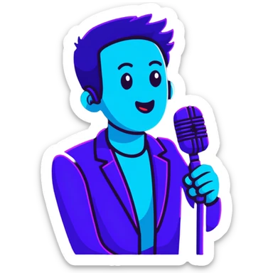 man speaking into a microphone, with neon glow effect, blue neon glow on top left, purple neon glow on bottom right sticker