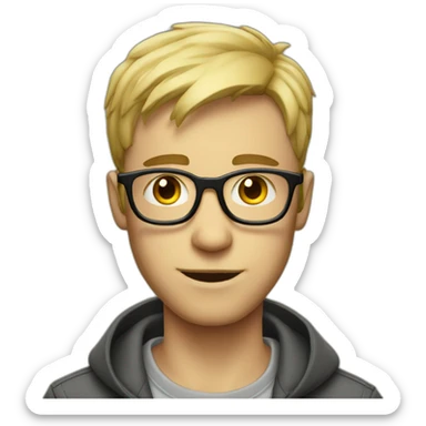 Light-haired man, short hair, small thin glasses, geek sticker