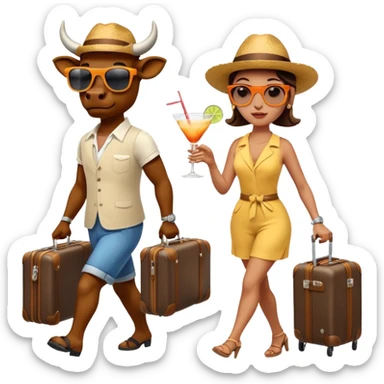 generate an emoji of a group of up to 8 male and female bulls travelling together on holidays. One bull has a suitcase, one has sunglasses, one is carrying a cocktail. They're all in motion, walking together. Make the characters look like bulls. They wear summer clothes sticker