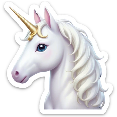 Cinematic Cute White Unicorn Portrait Emoji, Head tilted playfully and inquisitively, featuring a charming, petite form with a silky white color, a delicately flowing mane and tail, and a tiny, sparkling horn, with large, dreamy eyes full of wonder, Simplified yet irresistibly adorable features, highly detailed, glowing with a warm, enchanting glow, high shine, affectionate and lively, stylized with a touch of fairy-tale whimsy, soft glowing outline, capturing the essence of a mischievous yet endearing white unicorn that seems as if it could gallop out of the screen into your heart! sticker