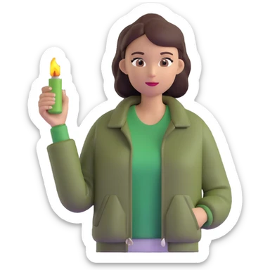 woman wearing dark olive green jacket over a lighter green top sticker