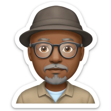 Bald mature Black male with Grey goatee and light glasses and a cool hat
 sticker