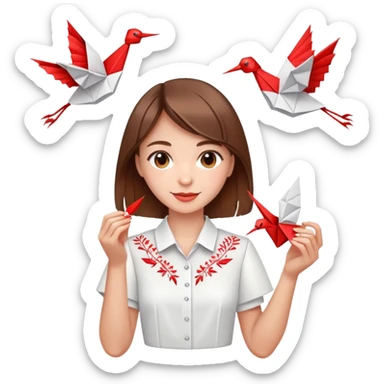 A happy Ukrainian young girl with brown hair in a white embroidered shirt makes an origami red crane craft sticker