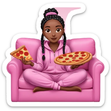 A dark-brown-skinned Black woman with black box braids, sitting on a pink couch, holding an open pizza box.She’s wearing comfy loungewear, looking relaxed and enjoying her food. sticker
