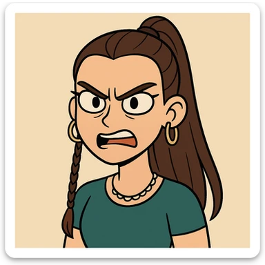 Create a cute and lively cartoon style face with an angry expression, keeping her unique features and hairstyle from the reference image. sticker