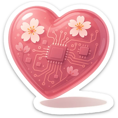 pink heart with sakura flowers, glossy circuit style sticker