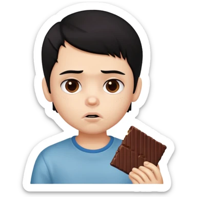 a PRETTY BRATZ boy with black hair eating chocolate and looking sad sticker
