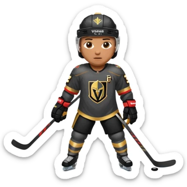 A hockey player in a Vegas Golden Knights black & gold jersey, red accent glow, centered stance, stick on the ice, confident posture. Background subtle red aura with a knight-helmet inspired motif. Clean, bold, emoji-style. sticker
