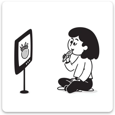 sketch of girl watching TV and eating, simple lines sticker