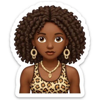 cavewoman with dark brown curly hair wearking animal print tank top and accessories sticker