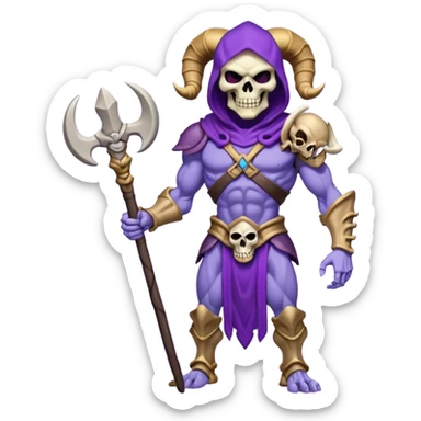 Skeletor, menacing pose, holding staff with ram skull, purple armor sticker