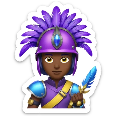 Generate an image of a night with a blue rounded feather on his helmet. He has a big night with balls as hands which have purple obsidian spikes on them. He also has a blue belt with yellow spikes on it. He also has purple glowing eyes. sticker