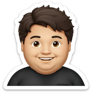 Joven obese, pelo largo, cuerpo grande, latino piel canela, cara redonda-ancha, scruff sin barba completa, cejas gruesas, pelo oscuro ondulado flat largo hasta el cuello. Sonrisa amplia, expresión alegre. Camisa negra. Size large.  sticker