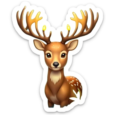 A mystical forest deer with glowing antlers, surrounded by fireflies and soft green foliage, in a magical woodland setting, emoji style sticker