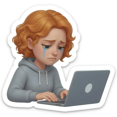 ginger-haired woman looking depressed and frustrated behind a laptop sticker