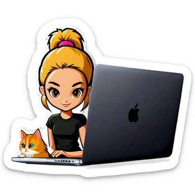 Blonde girl ponytail macBook and a cat sticker