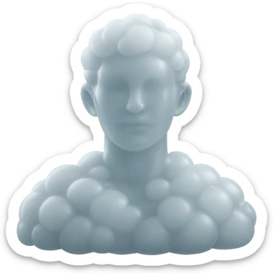 person looking straight, shoulders up, fully composed of white fluffy convex clouds, matte glass style, clouds voluminous and soft sticker