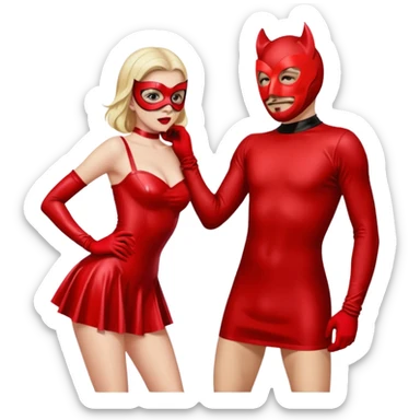 Woman in short red latex dress bent over in front of masked man sticker